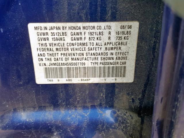 JHMGE88459S007709 - 2009 HONDA FIT SPORT BLUE photo 10