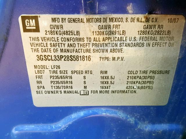 3GSCL33P28S581816 - 2008 SATURN VUE XE BLUE photo 10