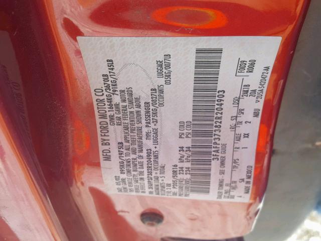 3FAFP37382R204903 - 2002 FORD FOCUS ZX5 RED photo 10