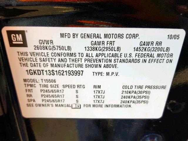 1GKDT13S162193997 - 2006 GMC ENVOY CHARCOAL photo 10