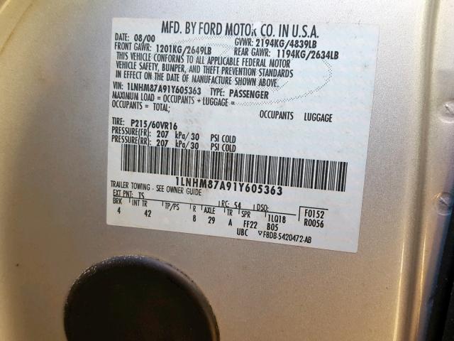 1LNHM87A91Y605363 - 2001 LINCOLN LS SILVER photo 10
