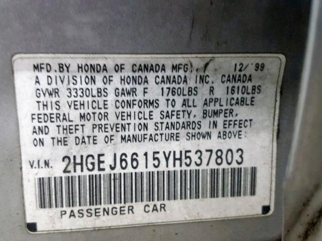 2HGEJ6615YH537803 - 2000 HONDA CIVIC BASE SILVER photo 10