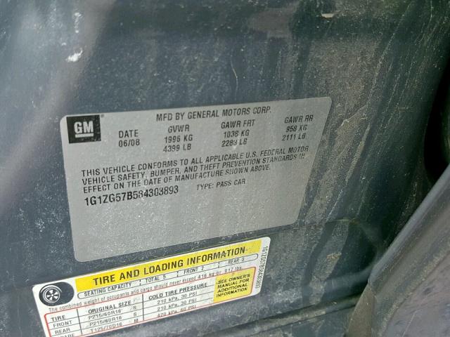 1G1ZG57B584303893 - 2008 CHEVROLET MALIBU LS GRAY photo 10