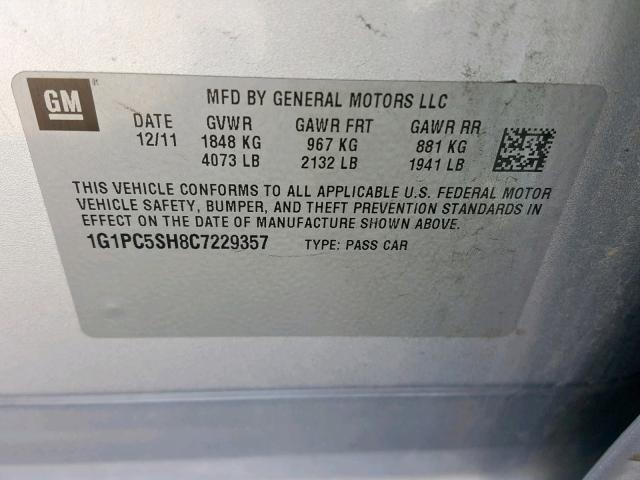 1G1PC5SH8C7229357 - 2012 CHEVROLET CRUZE LS SILVER photo 10