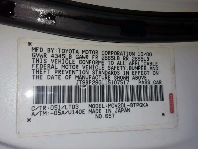 JT8BF28G115107517 - 2001 LEXUS ES 300 WHITE photo 10