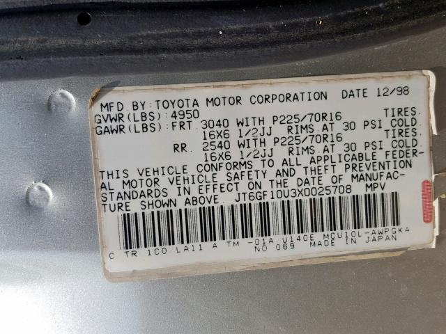 JT6GF10U3X0025708 - 1999 LEXUS RX 300 SILVER photo 10