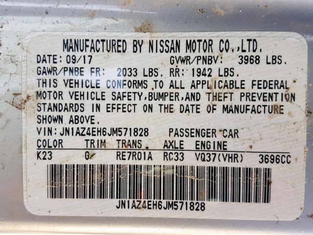 JN1AZ4EH6JM571828 - 2018 NISSAN 370Z BASE SILVER photo 10