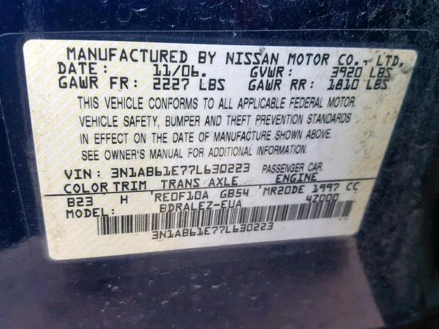 3N1AB61E77L630223 - 2007 NISSAN SENTRA 2.0 BLUE photo 10