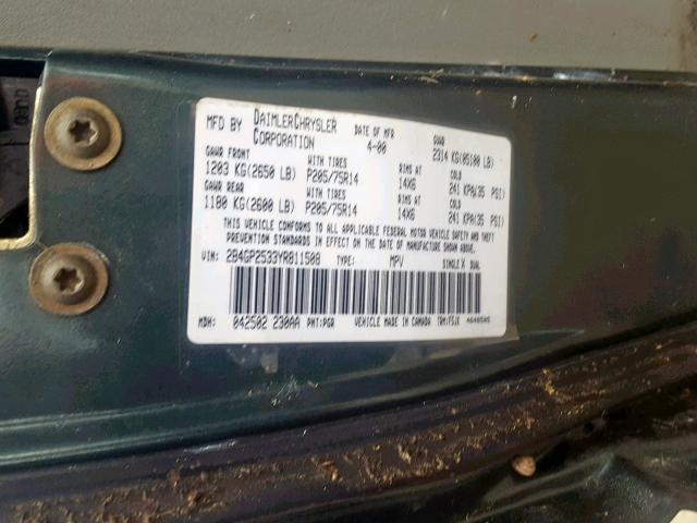 2B4GP2533YR811508 - 2000 DODGE CARAVAN GREEN photo 10