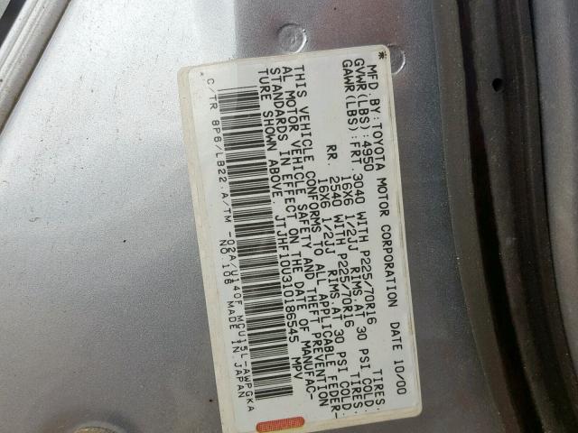 JTJHF10U310186545 - 2001 LEXUS RX 300 GRAY photo 10