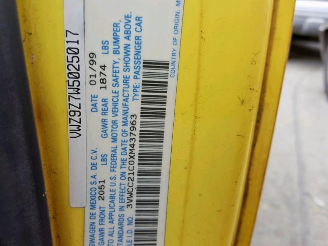 3VWCC21C0XM437963 - 1999 VOLKSWAGEN NEW BEETLE Sarı foto 10