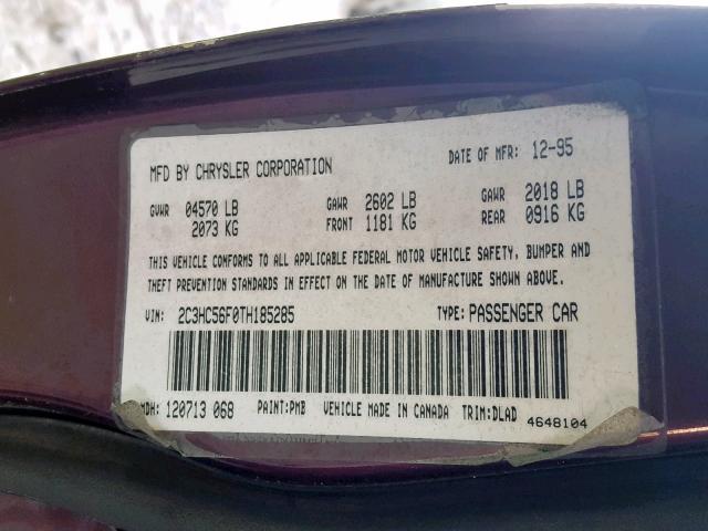 2C3HC56F0TH185285 - 1996 CHRYSLER LHS MAROON photo 10