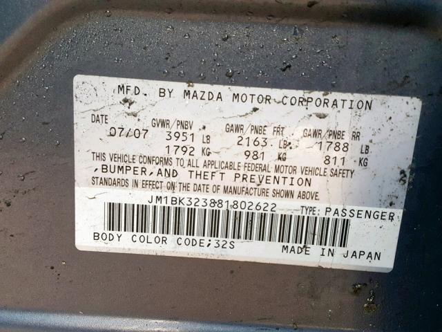 JM1BK323881802622 - 2008 MAZDA 3 S GRAY photo 10