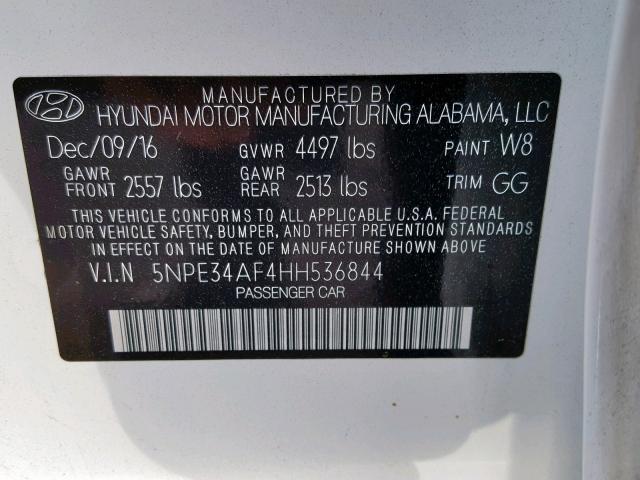 5NPE34AF4HH536844 - 2017 HYUNDAI SONATA SPO WHITE photo 10