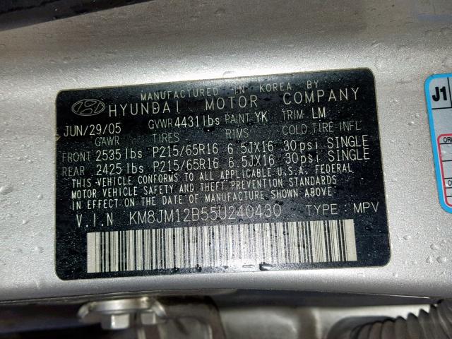 KM8JM12B55U240430 - 2005 HYUNDAI TUCSON GL SILVER photo 10