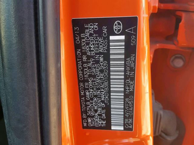 JTDKDTB38D1042339 - 2013 TOYOTA PRIUS C ORANGE photo 10