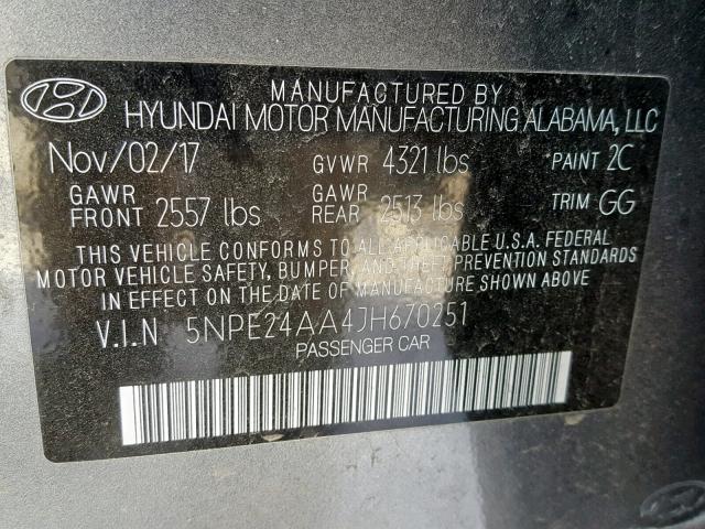 5NPE24AA4JH670251 - 2018 HYUNDAI SONATA ECO GRAY photo 10