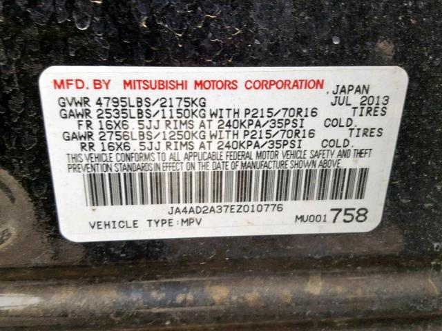 JA4AD2A37EZ010776 - 2014 MITSUBISHI OUTLANDER BLACK photo 10