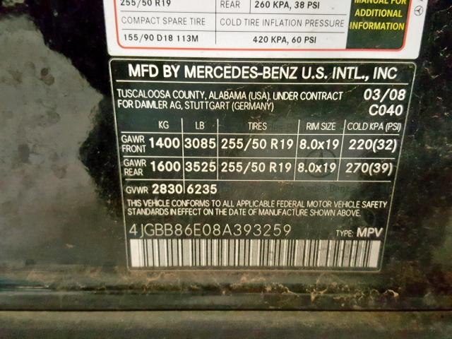 4JGBB86E08A393259 - 2008 MERCEDES-BENZ ML 350 BLACK photo 10