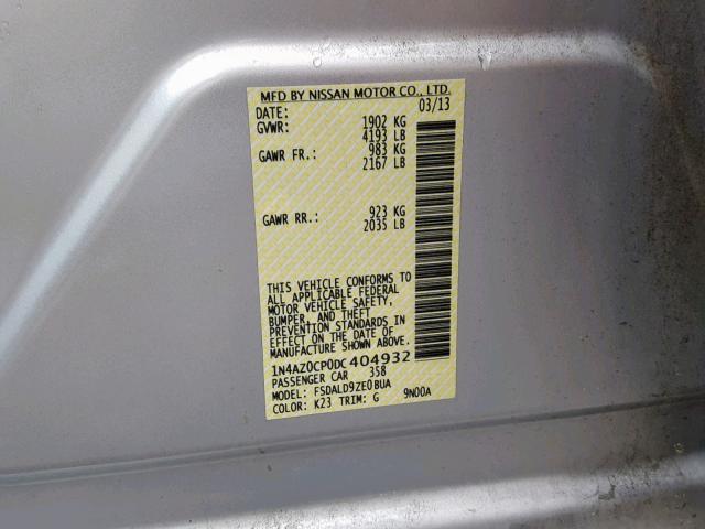 1N4AZ0CP0DC404932 - 2013 NISSAN LEAF S SILVER photo 10