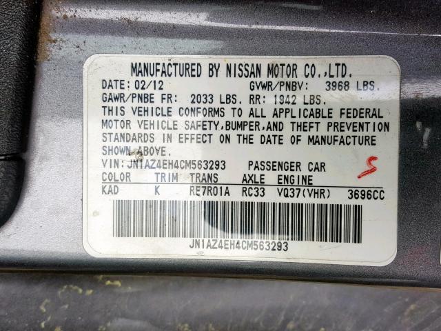 JN1AZ4EH4CM563293 - 2012 NISSAN 370Z BASE GRAY photo 10