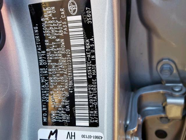 4T1BK1EBXGU233420 - 2016 TOYOTA AVALON XLE GRAY photo 10