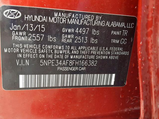 5NPE34AF8FH166382 - 2015 HYUNDAI SONATA SPO RED photo 10