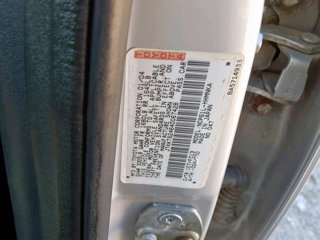 JTKKT624640067428 - 2004 TOYOTA SCION XA SILVER photo 10