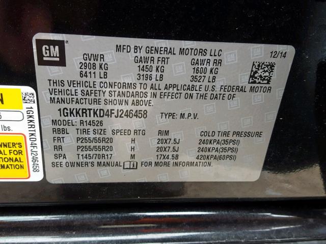 1GKKRTKD4FJ246458 - 2015 GMC ACADIA DEN BLACK photo 10