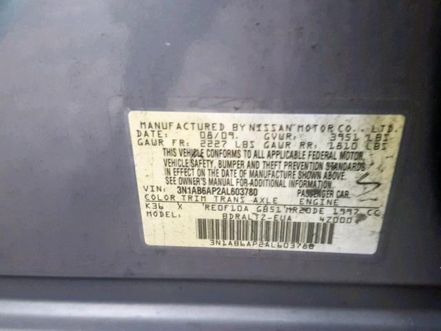 3N1AB6AP2AL603780 - 2010 NISSAN SENTRA 2.0 GRAY photo 10