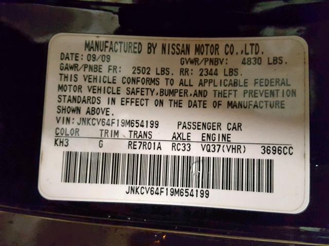 JNKCV64F19M654199 - 2009 INFINITI G37 BLACK photo 10