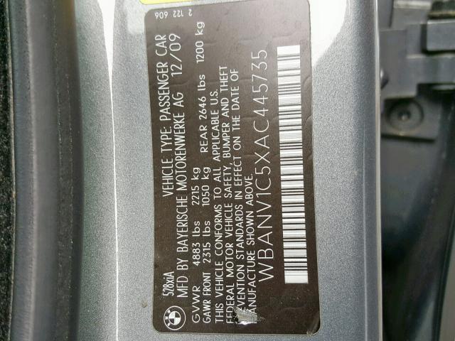 WBANV1C5XAC445735 - 2010 BMW 528 XI GRAY photo 10