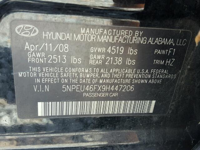 5NPEU46FX9H447206 - 2009 HYUNDAI SONATA SE BLACK photo 10