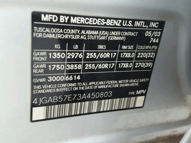 4JGAB57E73A450803 - 2003 MERCEDES-BENZ ML 350 SILVER photo 10