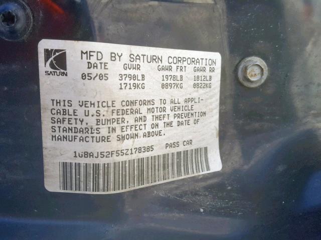 1G8AJ52F55Z178385 - 2005 SATURN ION LEVEL SILVER photo 10