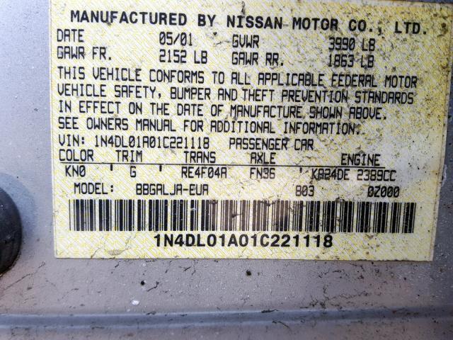 1N4DL01A01C221118 - 2001 NISSAN ALTIMA GXE SILVER photo 10