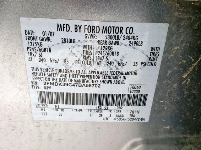 2FMDK39C47BA56702 - 2007 FORD EDGE SEL P GRAY photo 10