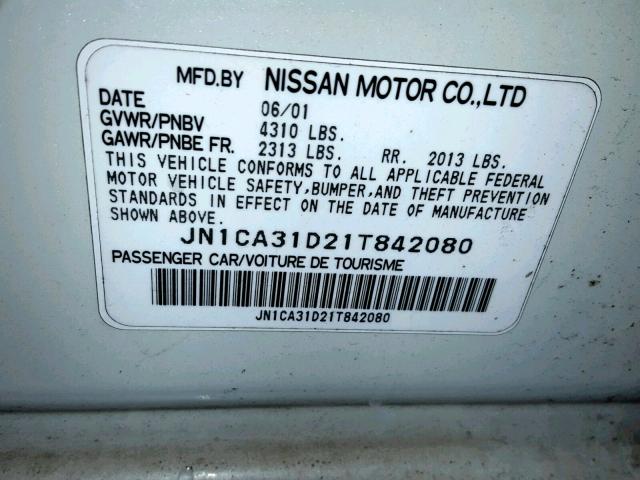 JN1CA31D21T842080 - 2001 NISSAN MAXIMA GXE WHITE photo 10