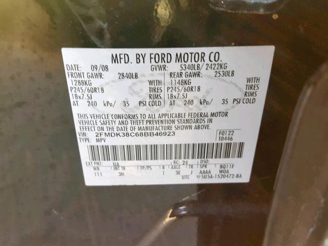 2FMDK38C68BB46923 - 2008 FORD EDGE SEL BLACK photo 10