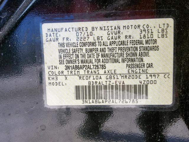 3N1AB6AP2AL726785 - 2010 NISSAN SENTRA 2.0 BLACK photo 10