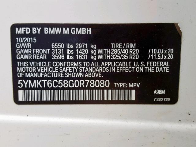 5YMKT6C58G0R78080 - 2016 BMW X5 M WHITE photo 10