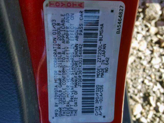 JTDDR38TX30154842 - 2003 TOYOTA CELICA GT RED photo 10