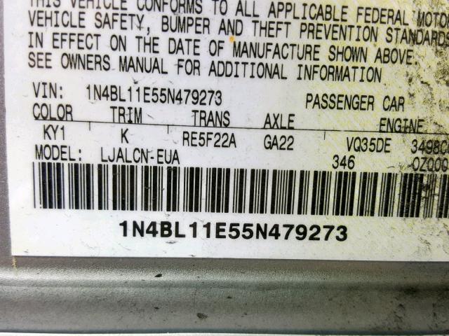 1N4BL11E55N479273 - 2005 NISSAN ALTIMA SE SILVER photo 10