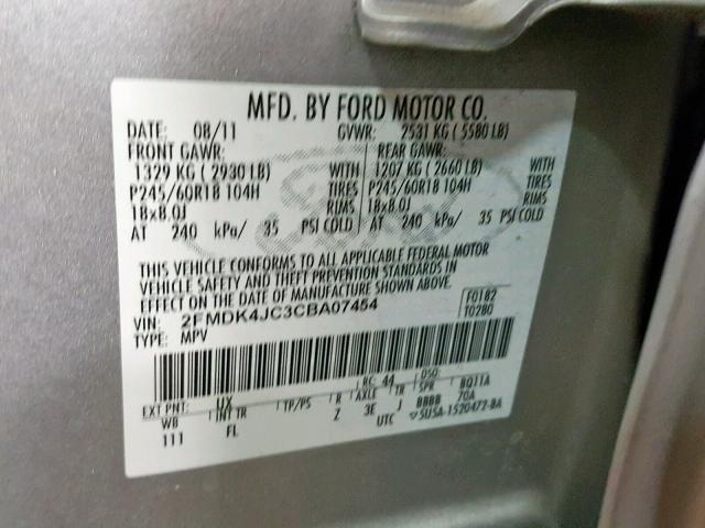 2FMDK4JC3CBA07454 - 2012 FORD EDGE SEL SILVER photo 10