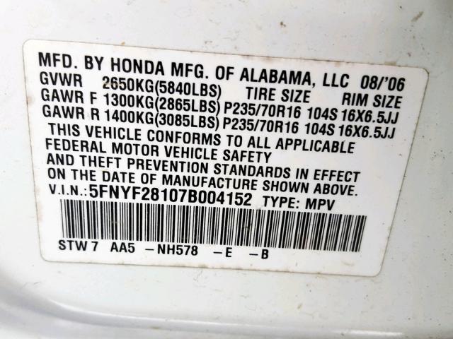 5FNYF28107B004152 - 2007 HONDA PILOT LX WHITE photo 10