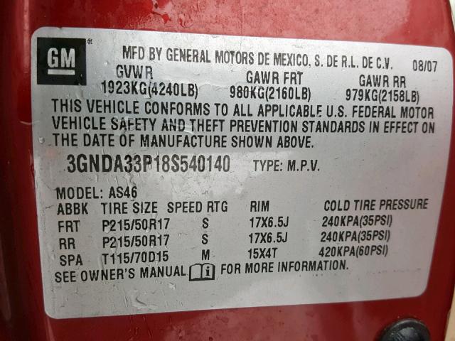 3GNDA33P18S540140 - 2008 CHEVROLET HHR LT MAROON photo 10