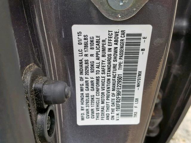 19XFB2F96FE229501 - 2015 HONDA CIVIC EXL GRAY photo 10