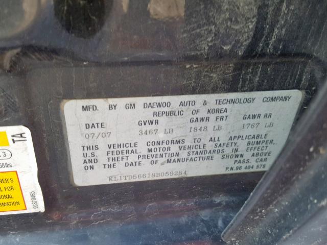 KL1TD56618B059284 - 2008 CHEVROLET AVEO BASE Қара фото 10