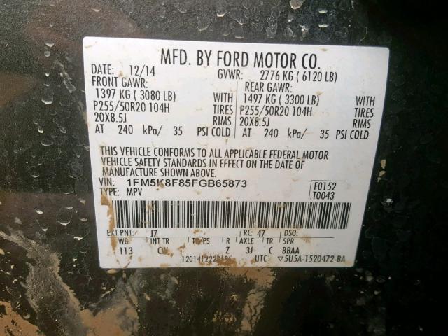 1FM5K8F85FGB65873 - 2015 FORD EXPLORER L GRAY photo 10