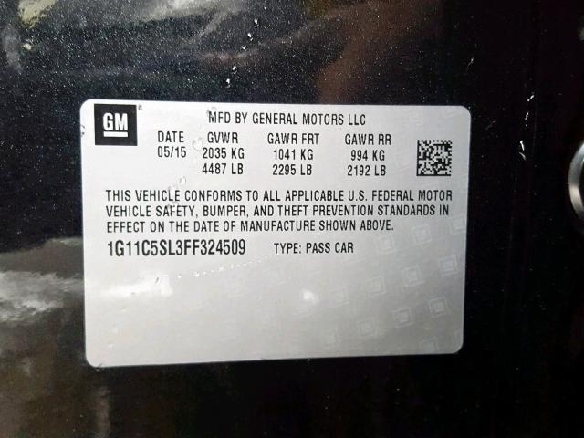 1G11C5SL3FF324509 - 2015 CHEVROLET MALIBU 1LT 黑色 照片 10